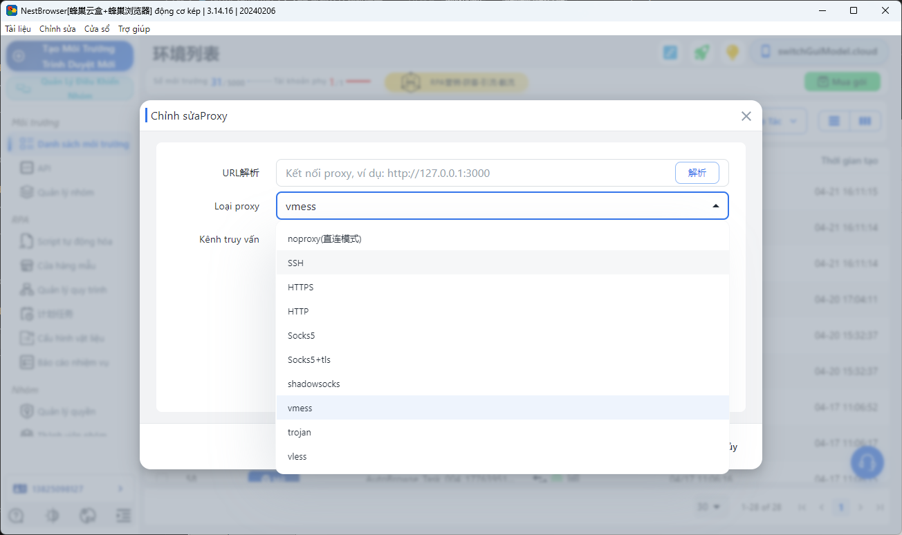 Giao diện cài đặt Proxy cho trình duyệt Finger Print Hive